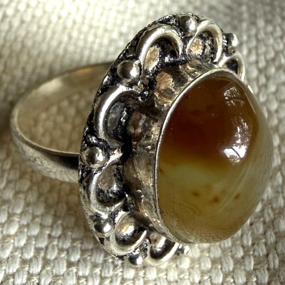 Vintage Sterling Silver 925 Ring w/ Agate Cabochon | Size 7 | Boho Statement